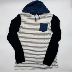 RVCA Mens Striped Long Sleeve Hooded T-Shirt Pocket Hoodie White Large